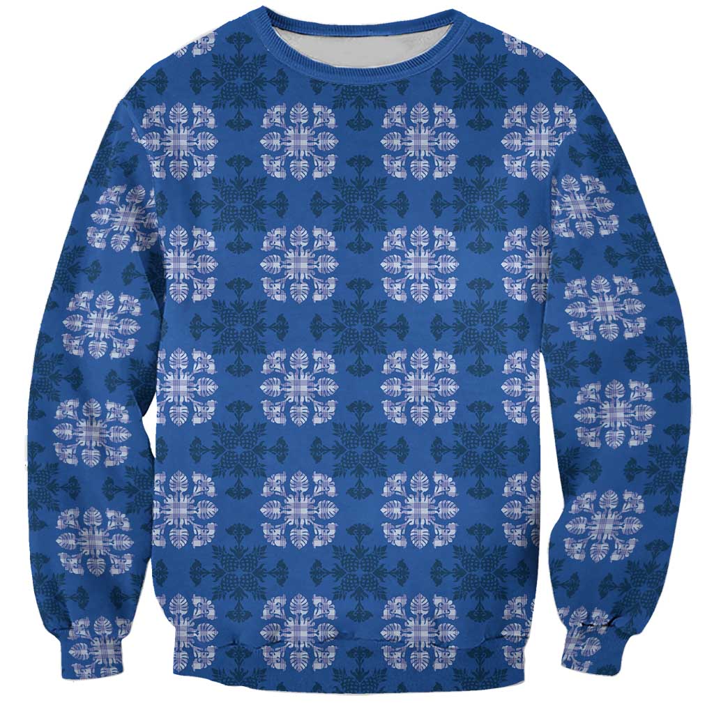 Royal Blue Hawaiian Quilt Sweatshirt Hawaii Pineapple Monstera Palaka Motifs - Polynesian Pride