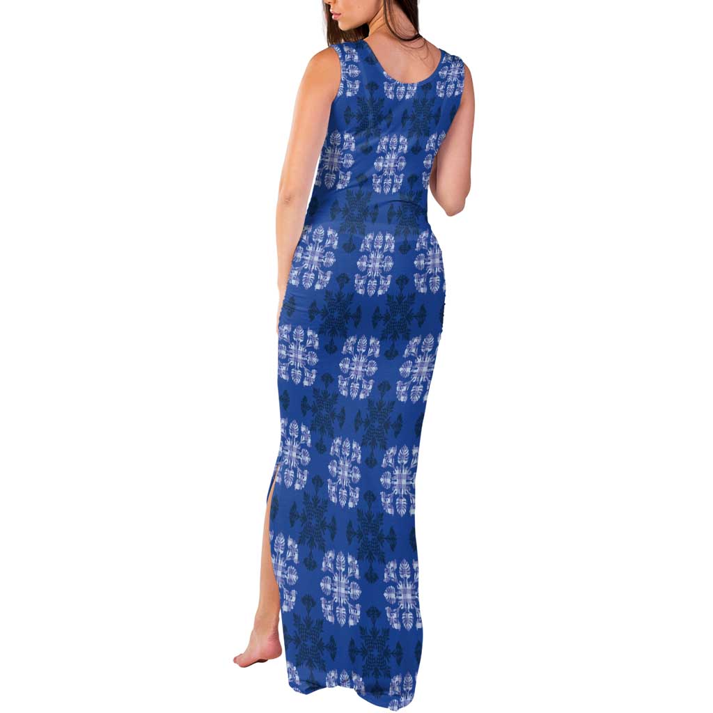 Royal Blue Hawaiian Quilt Tank Maxi Dress Hawaii Pineapple Monstera Palaka Motifs - Polynesian Pride