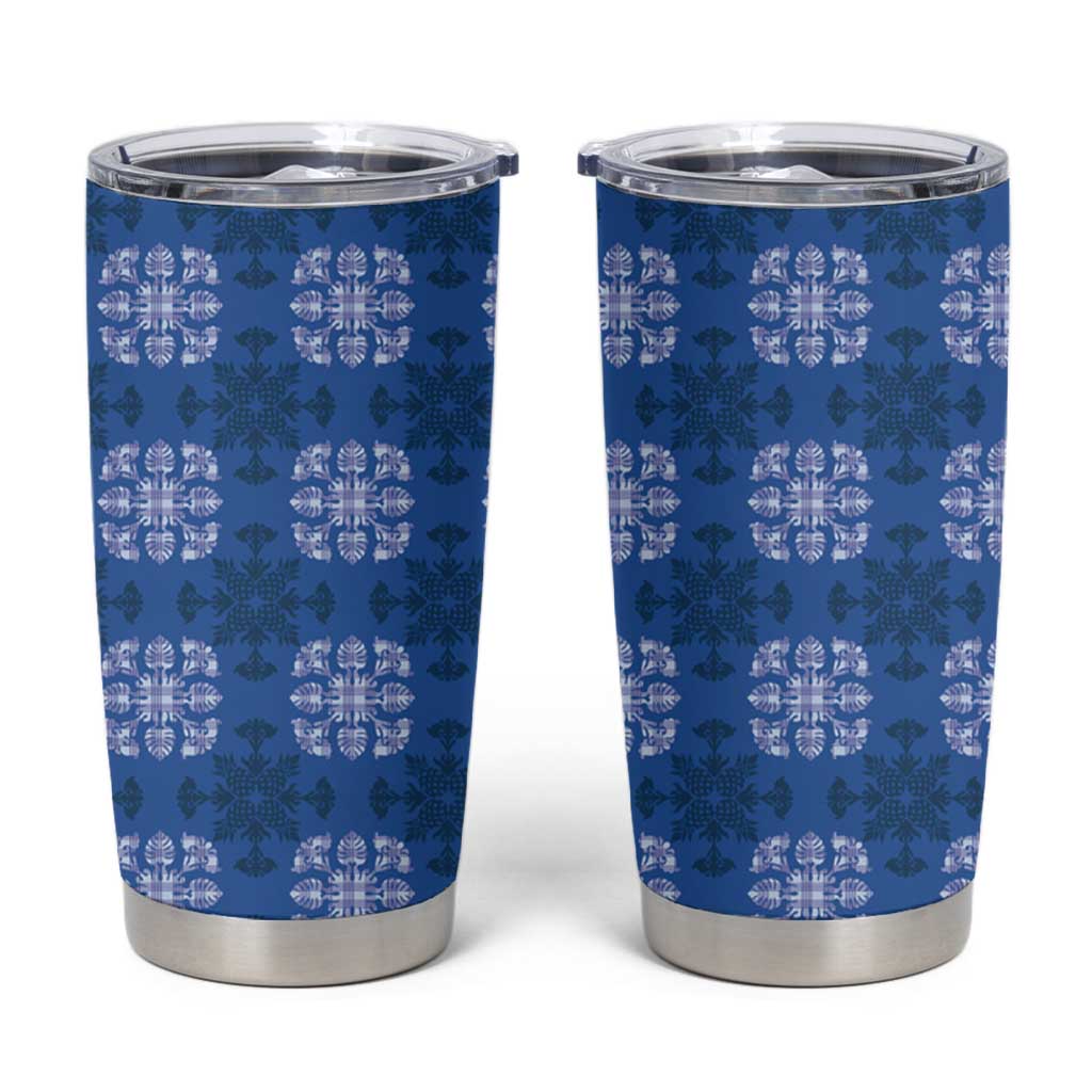 Royal Blue Hawaiian Quilt Tumbler Cup Hawaii Pineapple Monstera Palaka Motifs - Polynesian Pride