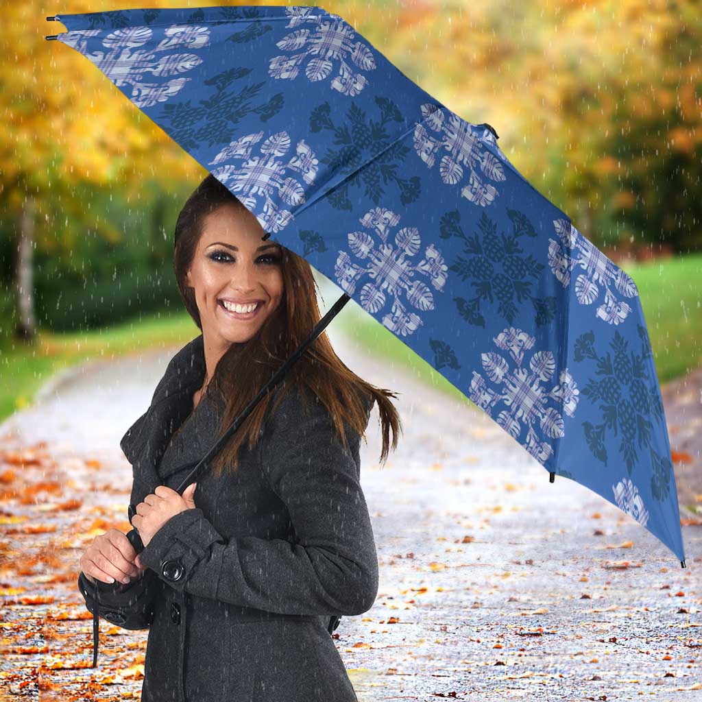 Royal Blue Hawaiian Quilt Umbrella Hawaii Pineapple Monstera Palaka Motifs - Polynesian Pride
