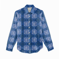 Royal Blue Hawaiian Quilt Women Casual Shirt Hawaii Pineapple Monstera Palaka Motifs - Polynesian Pride