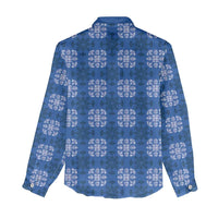 Royal Blue Hawaiian Quilt Women Casual Shirt Hawaii Pineapple Monstera Palaka Motifs - Polynesian Pride