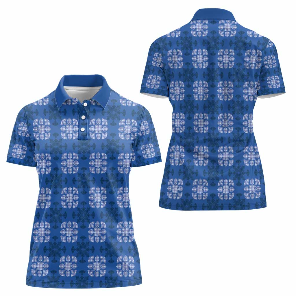 Royal Blue Hawaiian Quilt Women Polo Shirt Hawaii Pineapple Monstera Palaka Motifs - Polynesian Pride