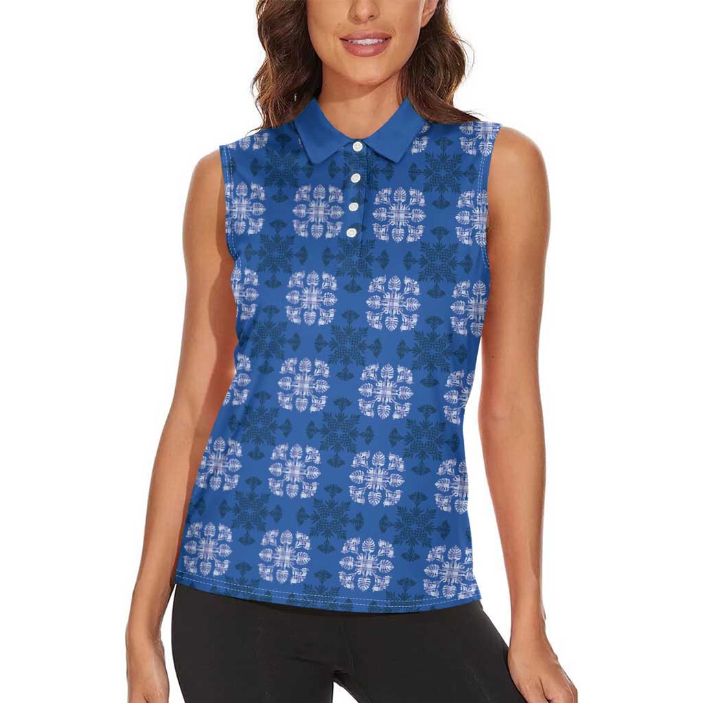 Royal Blue Hawaiian Quilt Women Sleeveless Polo Shirt Hawaii Pineapple Monstera Palaka Motifs - Polynesian Pride