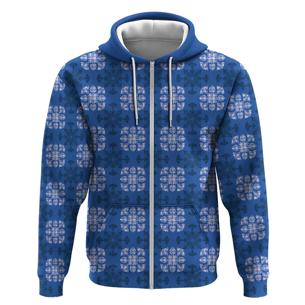 Royal Blue Hawaiian Quilt Zip Hoodie Hawaii Pineapple Monstera Palaka Motifs - Polynesian Pride
