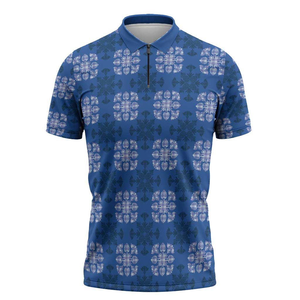 Royal Blue Hawaiian Quilt Zipper Polo Shirt Hawaii Pineapple Monstera Palaka Motifs - Polynesian Pride