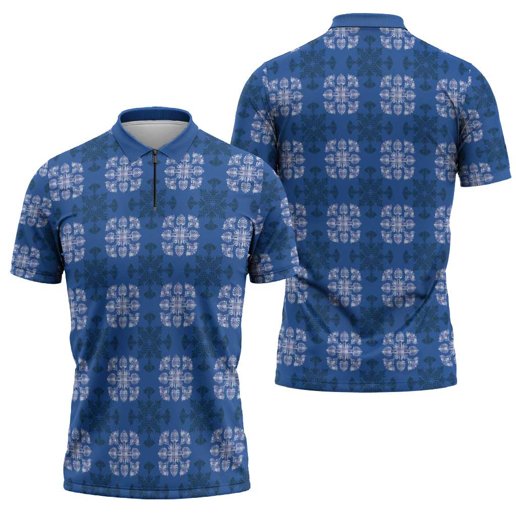 Royal Blue Hawaiian Quilt Zipper Polo Shirt Hawaii Pineapple Monstera Palaka Motifs - Polynesian Pride