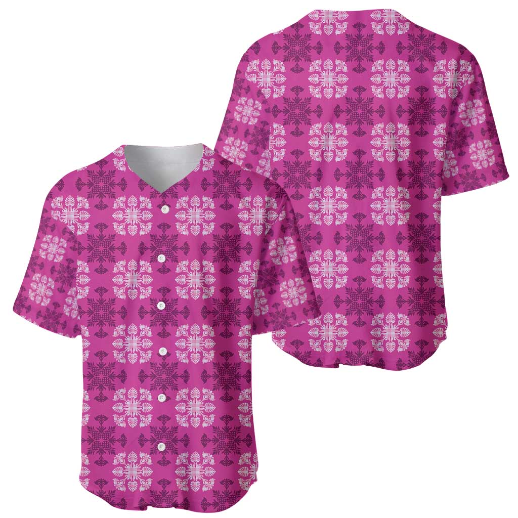 Pink Hawaiian Quilt Baseball Jersey Hawaii Pineapple Monstera Palaka Motifs LT14 - Polynesian Pride