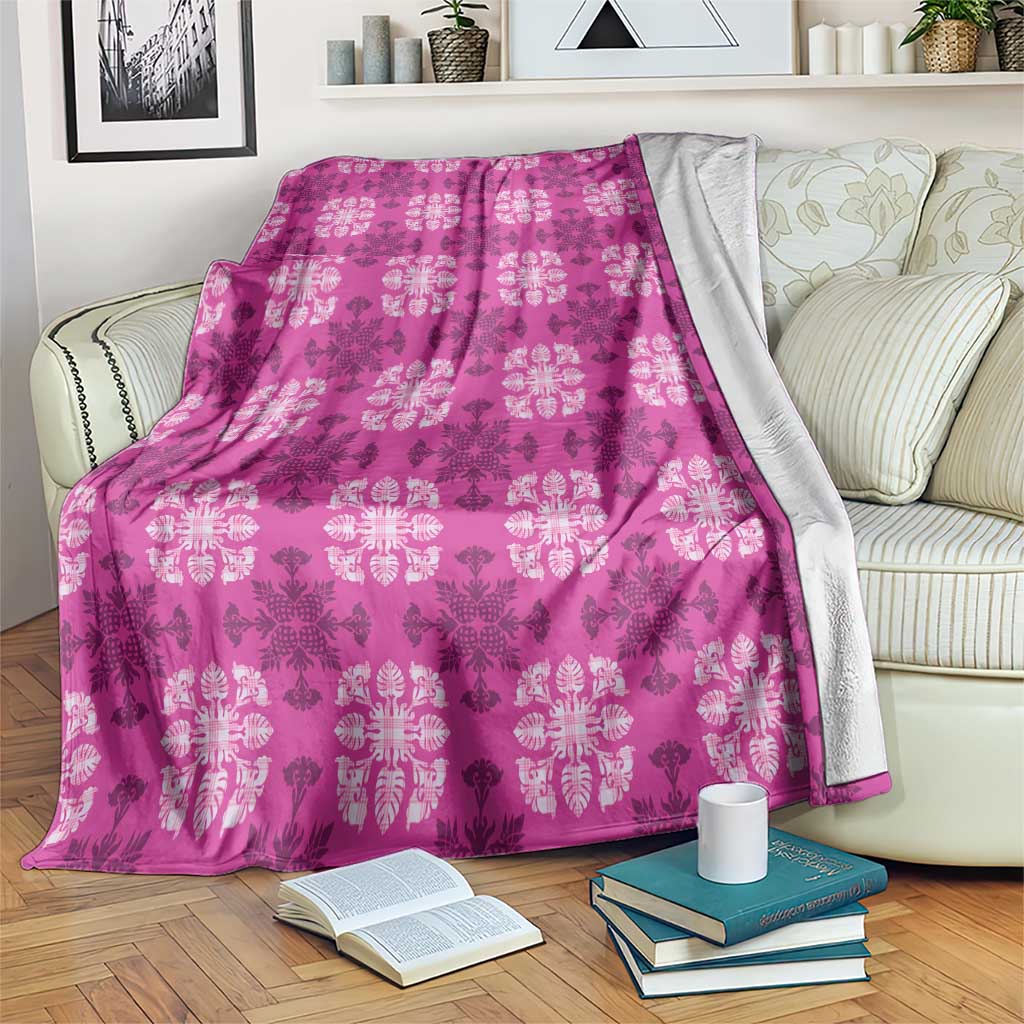 Pink Hawaiian Quilt Blanket Hawaii Pineapple Monstera Palaka Motifs - Polynesian Pride