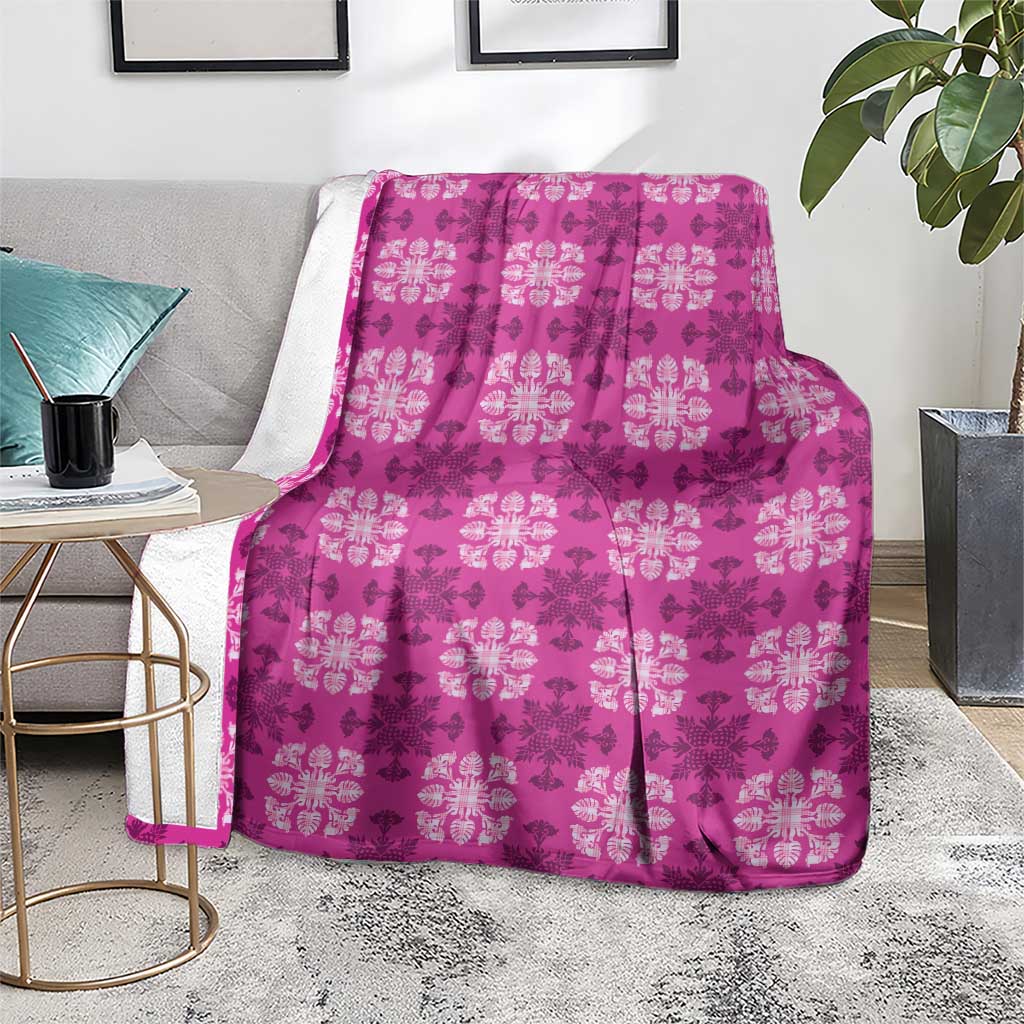 Pink Hawaiian Quilt Blanket Hawaii Pineapple Monstera Palaka Motifs - Polynesian Pride