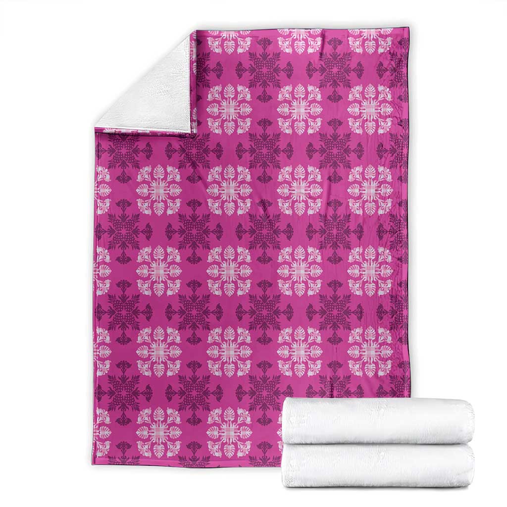Pink Hawaiian Quilt Blanket Hawaii Pineapple Monstera Palaka Motifs - Polynesian Pride