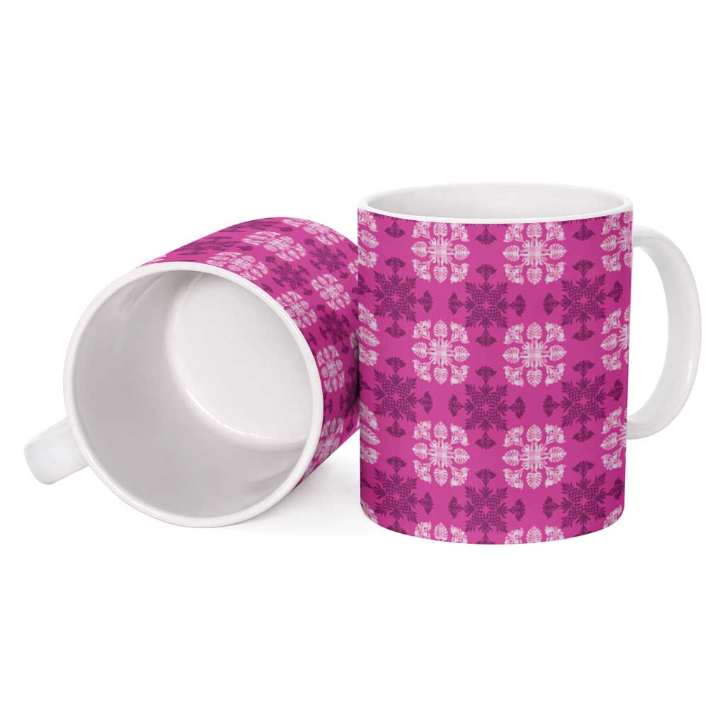 Pink Hawaiian Quilt Ceramic Mug Hawaii Pineapple Monstera Palaka Motifs - Polynesian Pride