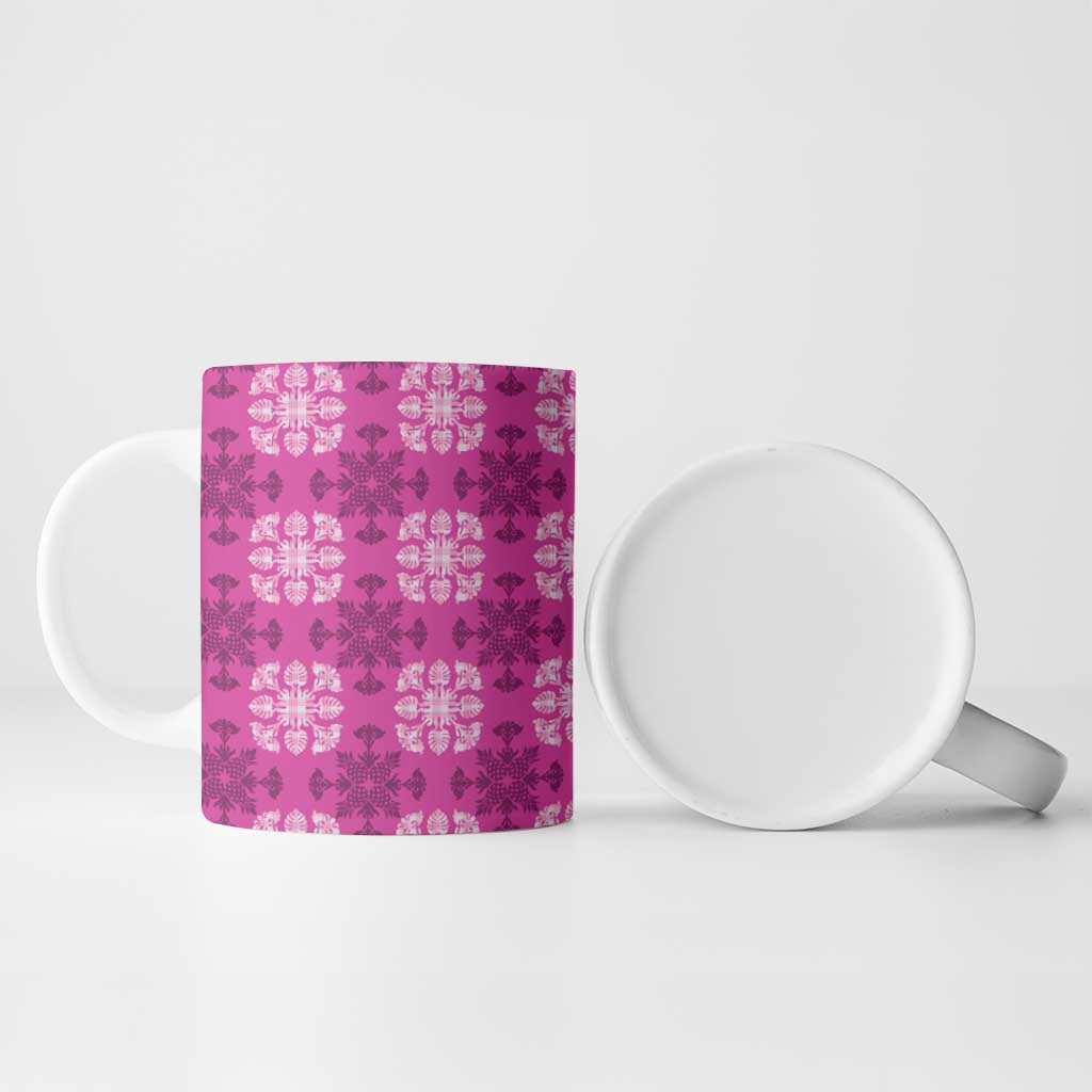 Pink Hawaiian Quilt Ceramic Mug Hawaii Pineapple Monstera Palaka Motifs - Polynesian Pride