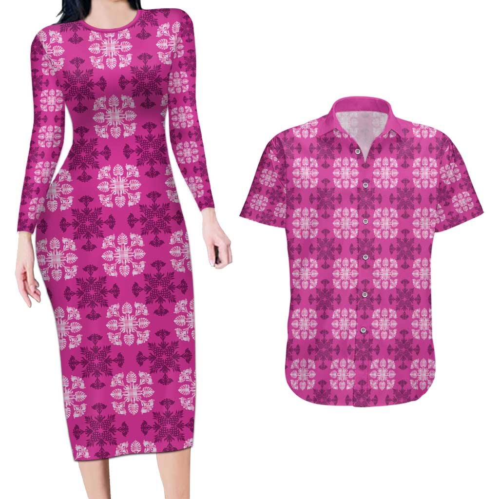 Pink Hawaiian Quilt Couples Matching Long Sleeve Bodycon Dress and Hawaiian Shirt Hawaii Pineapple Monstera Palaka Motifs LT14 Pink - Polynesian Pride