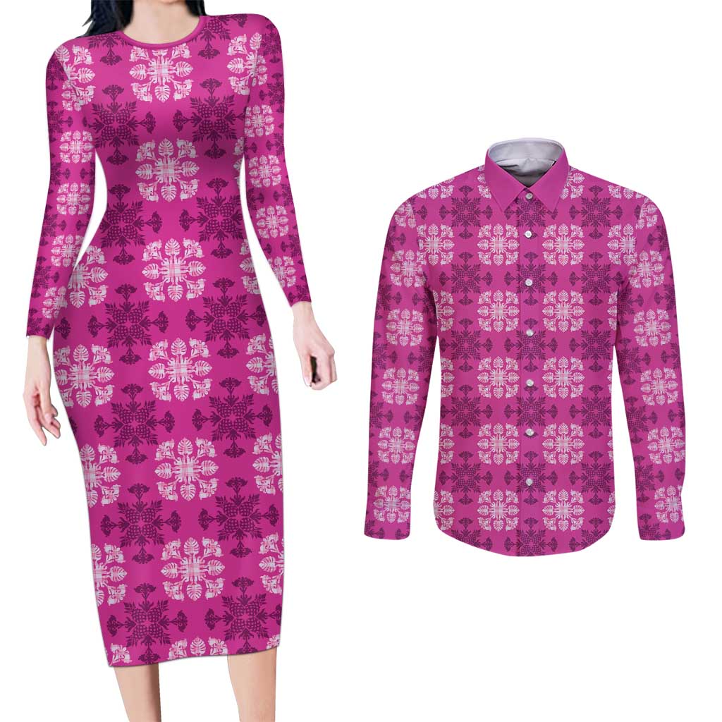 Pink Hawaiian Quilt Couples Matching Long Sleeve Bodycon Dress and Long Sleeve Button Shirt Hawaii Pineapple Monstera Palaka Motifs LT14 Pink - Polynesian Pride