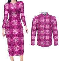 Pink Hawaiian Quilt Couples Matching Long Sleeve Bodycon Dress and Long Sleeve Button Shirt Hawaii Pineapple Monstera Palaka Motifs LT14 Pink - Polynesian Pride