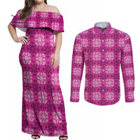 Pink Hawaiian Quilt Couples Matching Off Shoulder Maxi Dress and Long Sleeve Button Shirt Hawaii Pineapple Monstera Palaka Motifs - Polynesian Pride