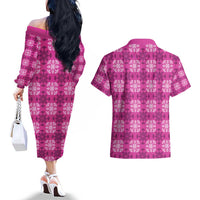 Pink Hawaiian Quilt Couples Matching Off The Shoulder Long Sleeve Dress and Hawaiian Shirt Hawaii Pineapple Monstera Palaka Motifs - Polynesian Pride