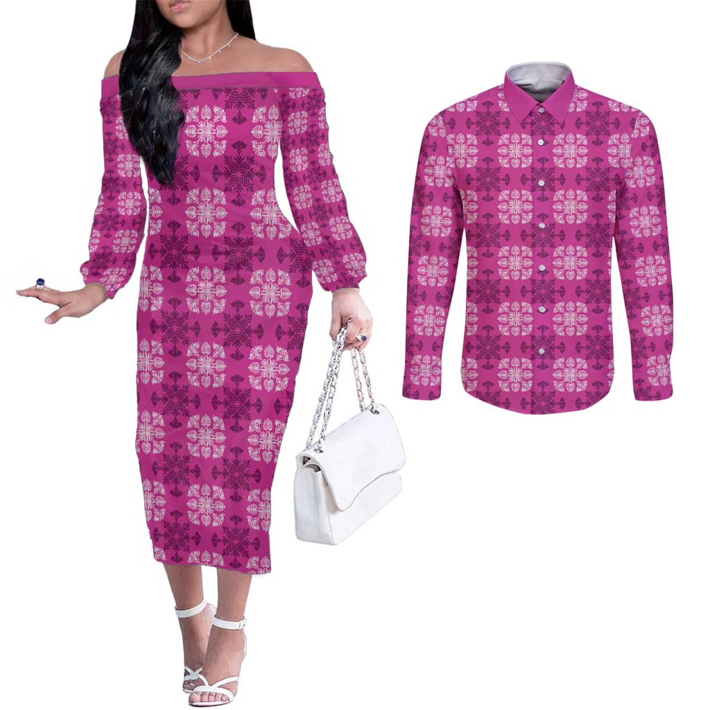 Pink Hawaiian Quilt Couples Matching Off The Shoulder Long Sleeve Dress and Long Sleeve Button Shirt Hawaii Pineapple Monstera Palaka Motifs LT14 Pink - Polynesian Pride