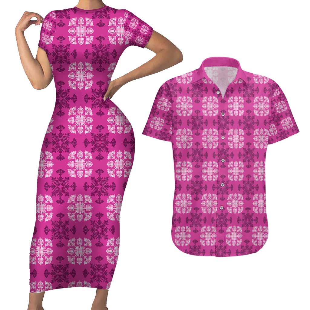 Pink Hawaiian Quilt Couples Matching Short Sleeve Bodycon Dress and Hawaiian Shirt Hawaii Pineapple Monstera Palaka Motifs LT14 Pink - Polynesian Pride