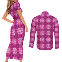 Pink Hawaiian Quilt Couples Matching Short Sleeve Bodycon Dress and Long Sleeve Button Shirt Hawaii Pineapple Monstera Palaka Motifs LT14 - Polynesian Pride
