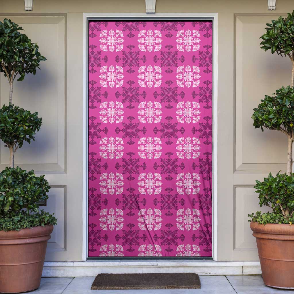 Pink Hawaiian Quilt Door Cover Hawaii Pineapple Monstera Palaka Motifs - Polynesian Pride