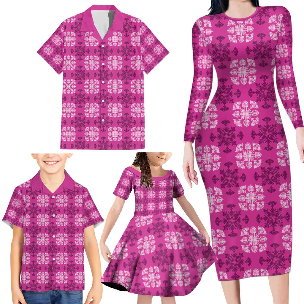 Pink Hawaiian Quilt Family Matching Long Sleeve Bodycon Dress and Hawaiian Shirt Hawaii Pineapple Monstera Palaka Motifs - Polynesian Pride