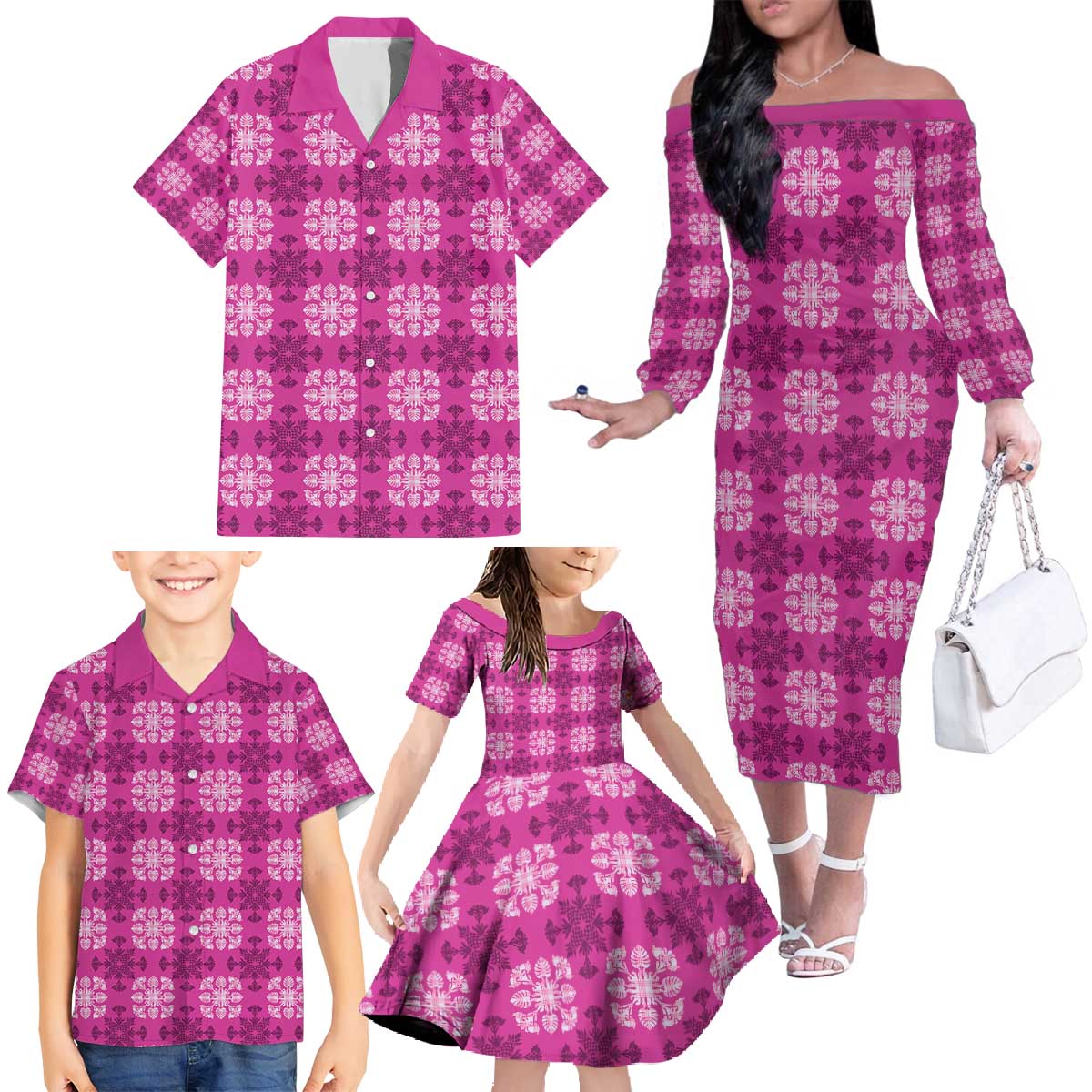 Pink Hawaiian Quilt Family Matching Off The Shoulder Long Sleeve Dress and Hawaiian Shirt Hawaii Pineapple Monstera Palaka Motifs - Polynesian Pride