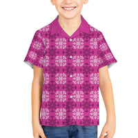 Pink Hawaiian Quilt Family Matching Off Shoulder Maxi Dress and Hawaiian Shirt Hawaii Pineapple Monstera Palaka Motifs - Polynesian Pride