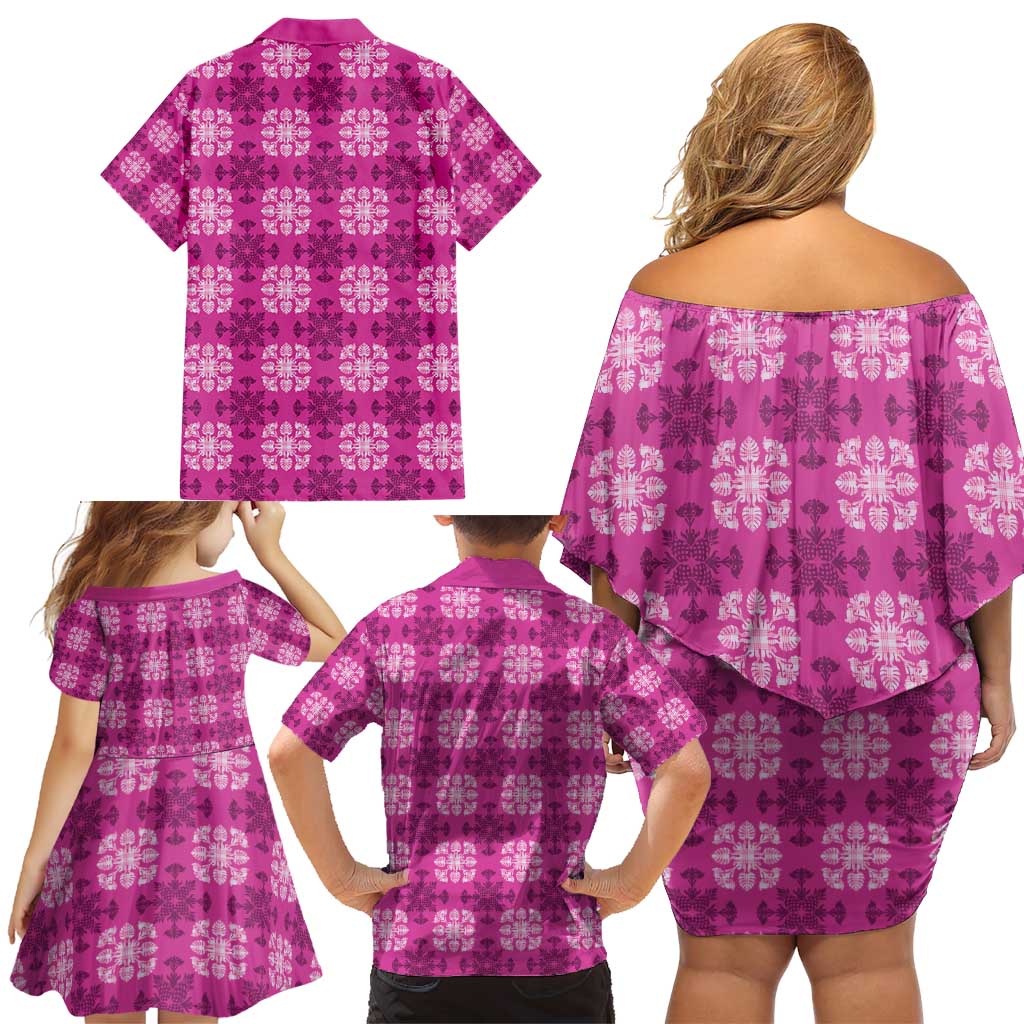 Pink Hawaiian Quilt Family Matching Off Shoulder Short Dress and Hawaiian Shirt Hawaii Pineapple Monstera Palaka Motifs - Polynesian Pride