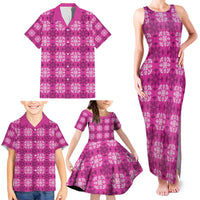 Pink Hawaiian Quilt Family Matching Tank Maxi Dress and Hawaiian Shirt Hawaii Pineapple Monstera Palaka Motifs - Polynesian Pride