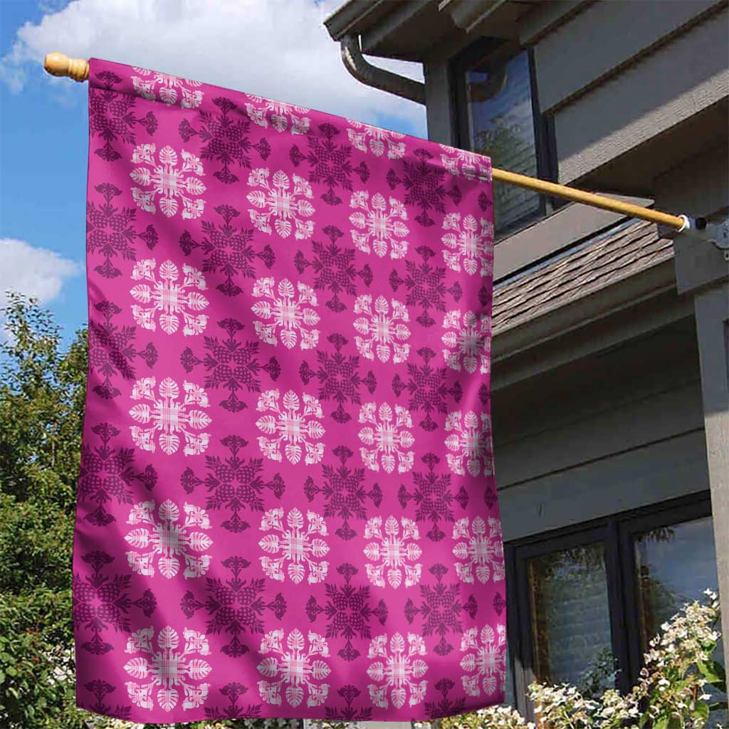 Pink Hawaiian Quilt Garden Flag Hawaii Pineapple Monstera Palaka Motifs - Polynesian Pride
