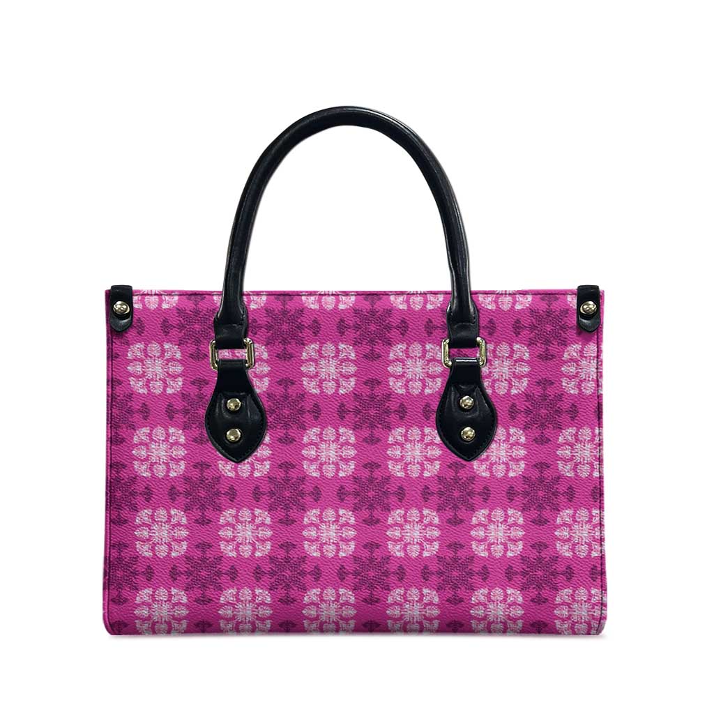Pink Hawaiian Quilt Leather Bag Hawaii Pineapple Monstera Palaka Motifs - Polynesian Pride