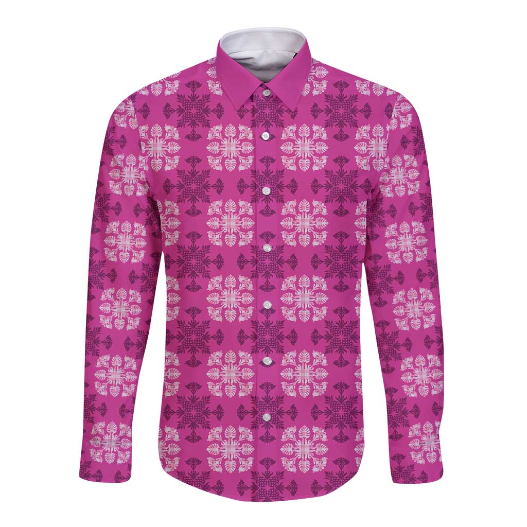 Pink Hawaiian Quilt Long Sleeve Button Shirt Hawaii Pineapple Monstera Palaka Motifs - Polynesian Pride
