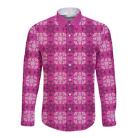 Pink Hawaiian Quilt Long Sleeve Button Shirt Hawaii Pineapple Monstera Palaka Motifs - Polynesian Pride