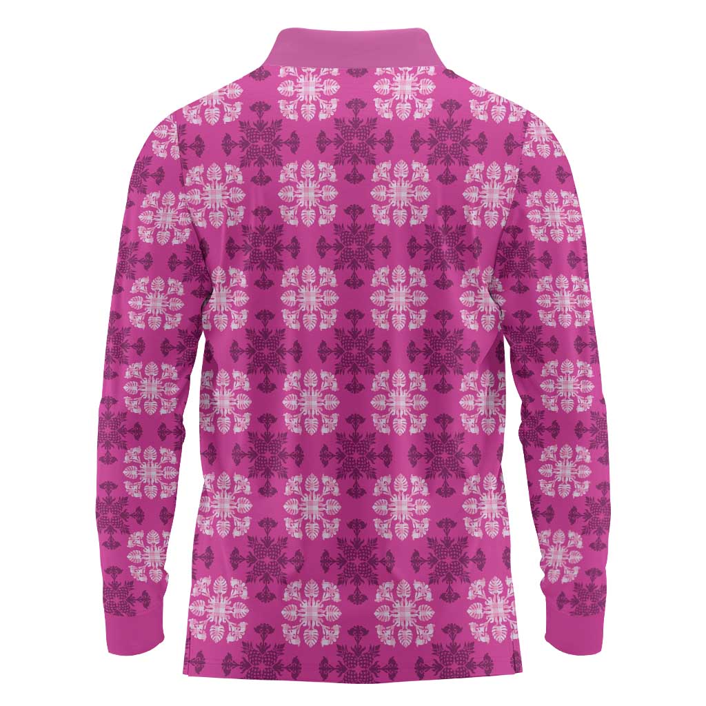 Pink Hawaiian Quilt Long Sleeve Polo Shirt Hawaii Pineapple Monstera Palaka Motifs - Polynesian Pride