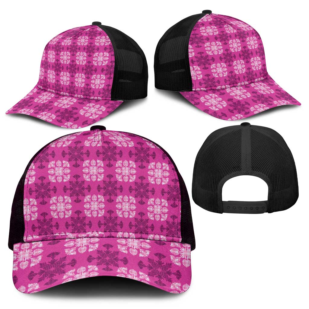 Pink Hawaiian Quilt Mesh Trucker Cap Hawaii Pineapple Monstera Palaka Motifs - Polynesian Pride