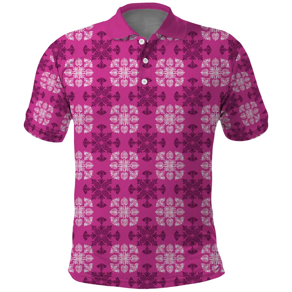 Pink Hawaiian Quilt Polo Shirt Hawaii Pineapple Monstera Palaka Motifs - Polynesian Pride