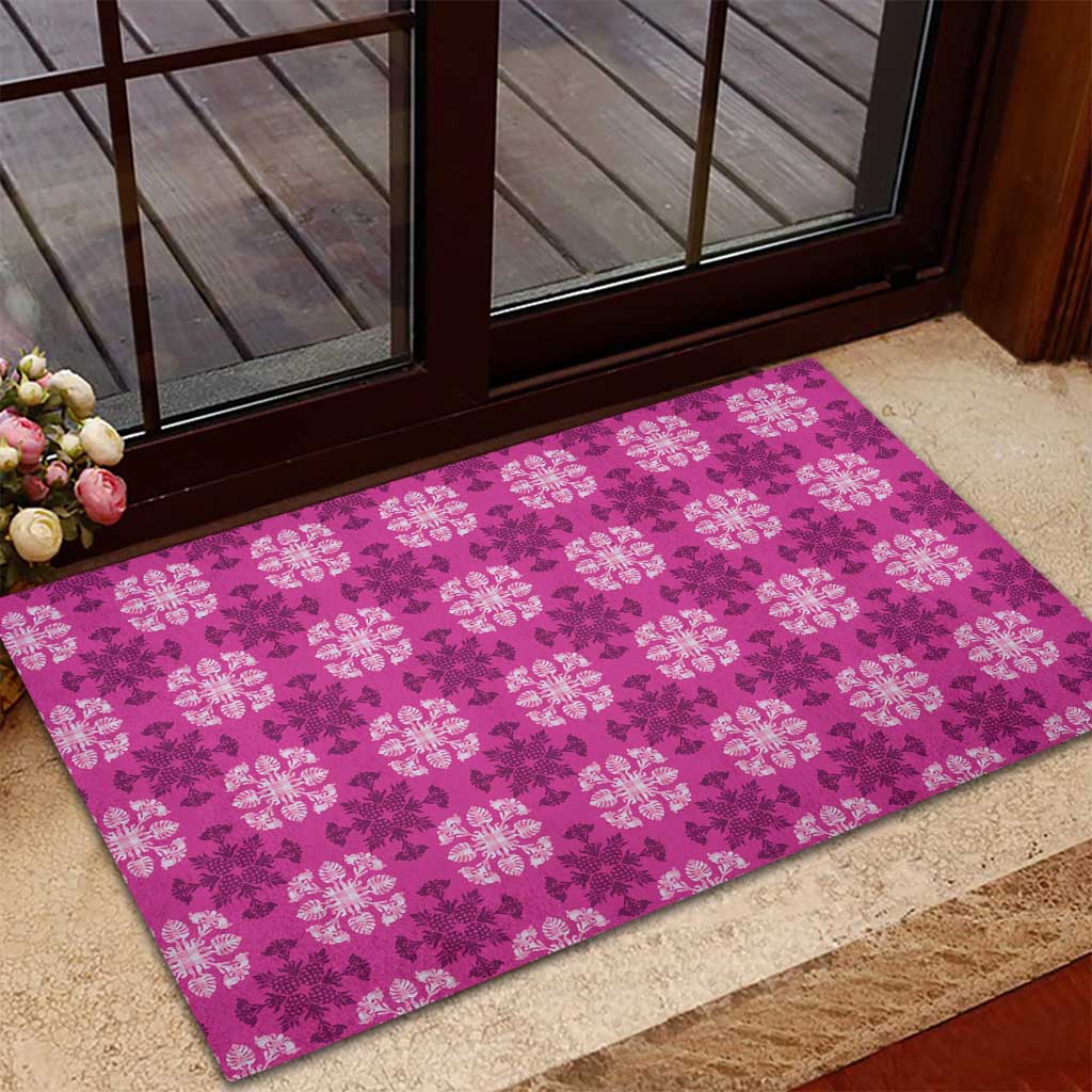 Pink Hawaiian Quilt Rubber Doormat Hawaii Pineapple Monstera Palaka Motifs - Polynesian Pride