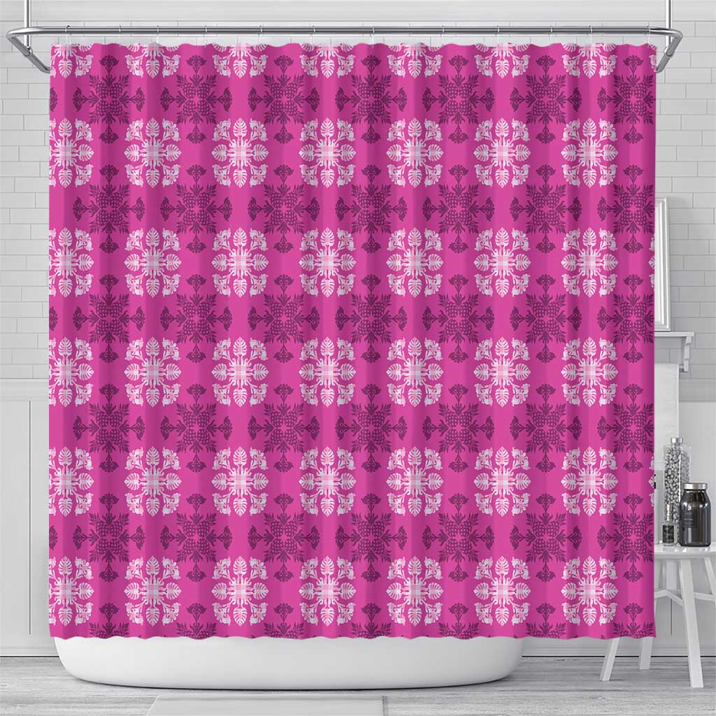 Pink Hawaiian Quilt Shower Curtain Hawaii Pineapple Monstera Palaka Motifs - Polynesian Pride