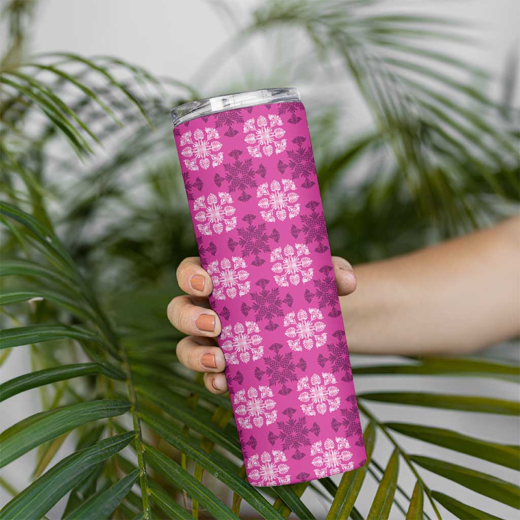 Pink Hawaiian Quilt Skinny Tumbler Hawaii Pineapple Monstera Palaka Motifs - Polynesian Pride