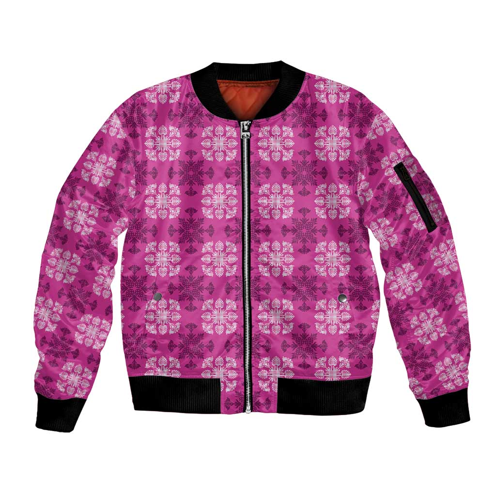 Pink Hawaiian Quilt Sleeve Zip Bomber Jacket Hawaii Pineapple Monstera Palaka Motifs - Polynesian Pride