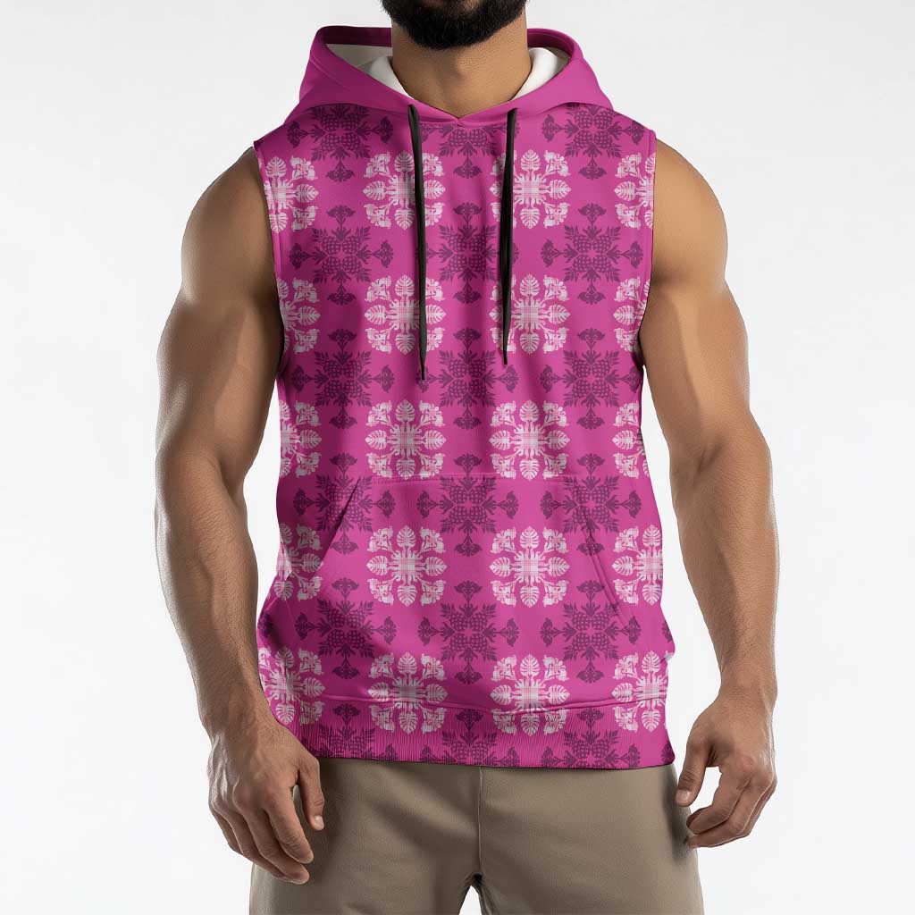 Pink Hawaiian Quilt Sleeveless Hoodie Hawaii Pineapple Monstera Palaka Motifs - Polynesian Pride