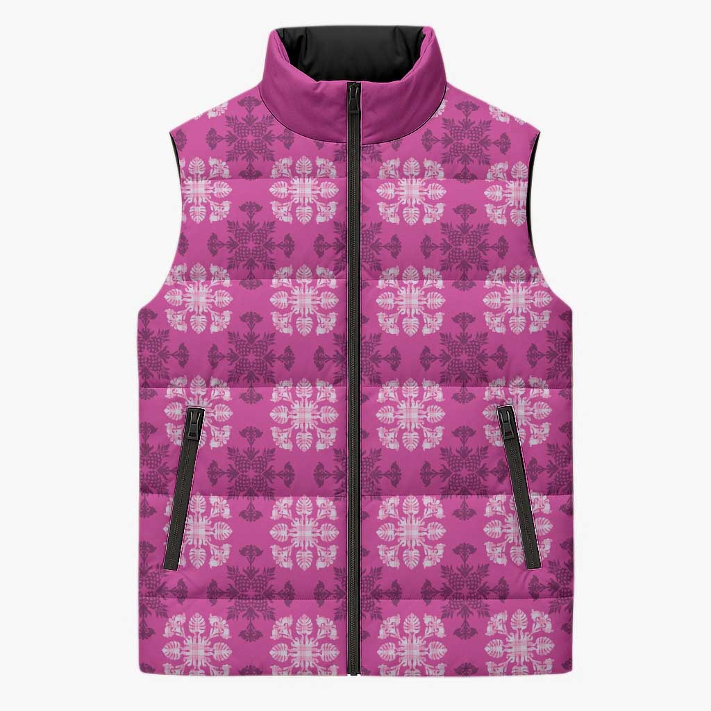 Pink Hawaiian Quilt Sleeveless Puffer Jacket Hawaii Pineapple Monstera Palaka Motifs - Polynesian Pride
