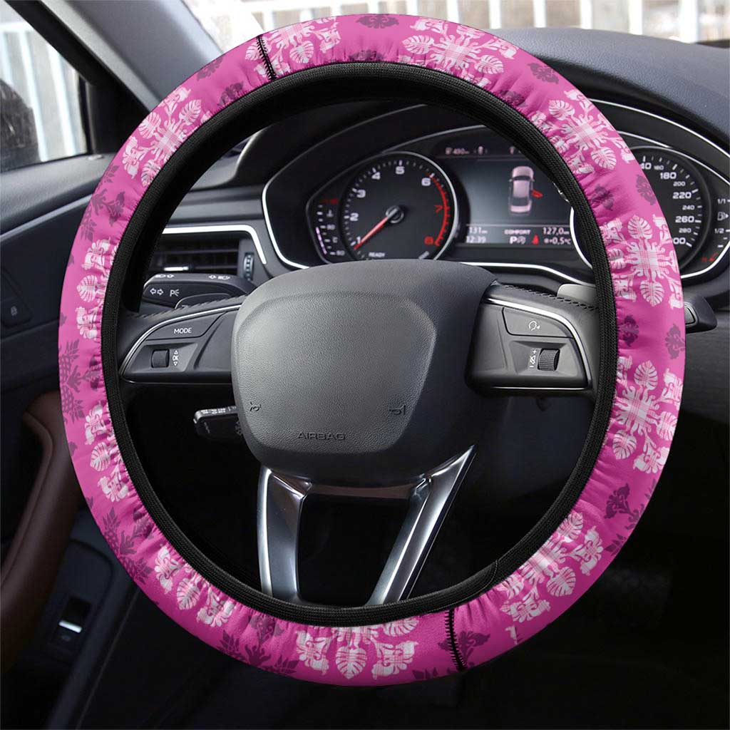 Pink Hawaiian Quilt Steering Wheel Cover Hawaii Pineapple Monstera Palaka Motifs - Polynesian Pride