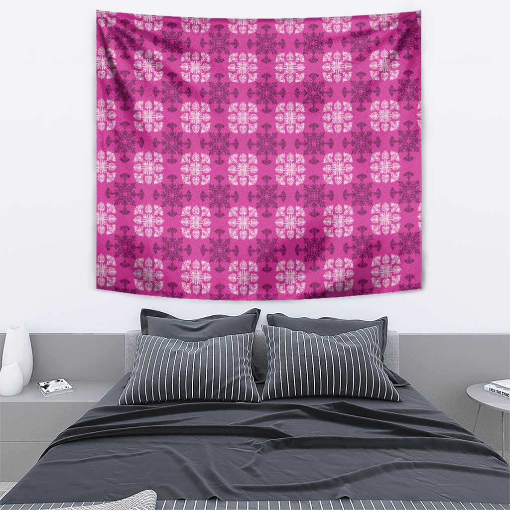 Pink Hawaiian Quilt Tapestry Hawaii Pineapple Monstera Palaka Motifs - Polynesian Pride