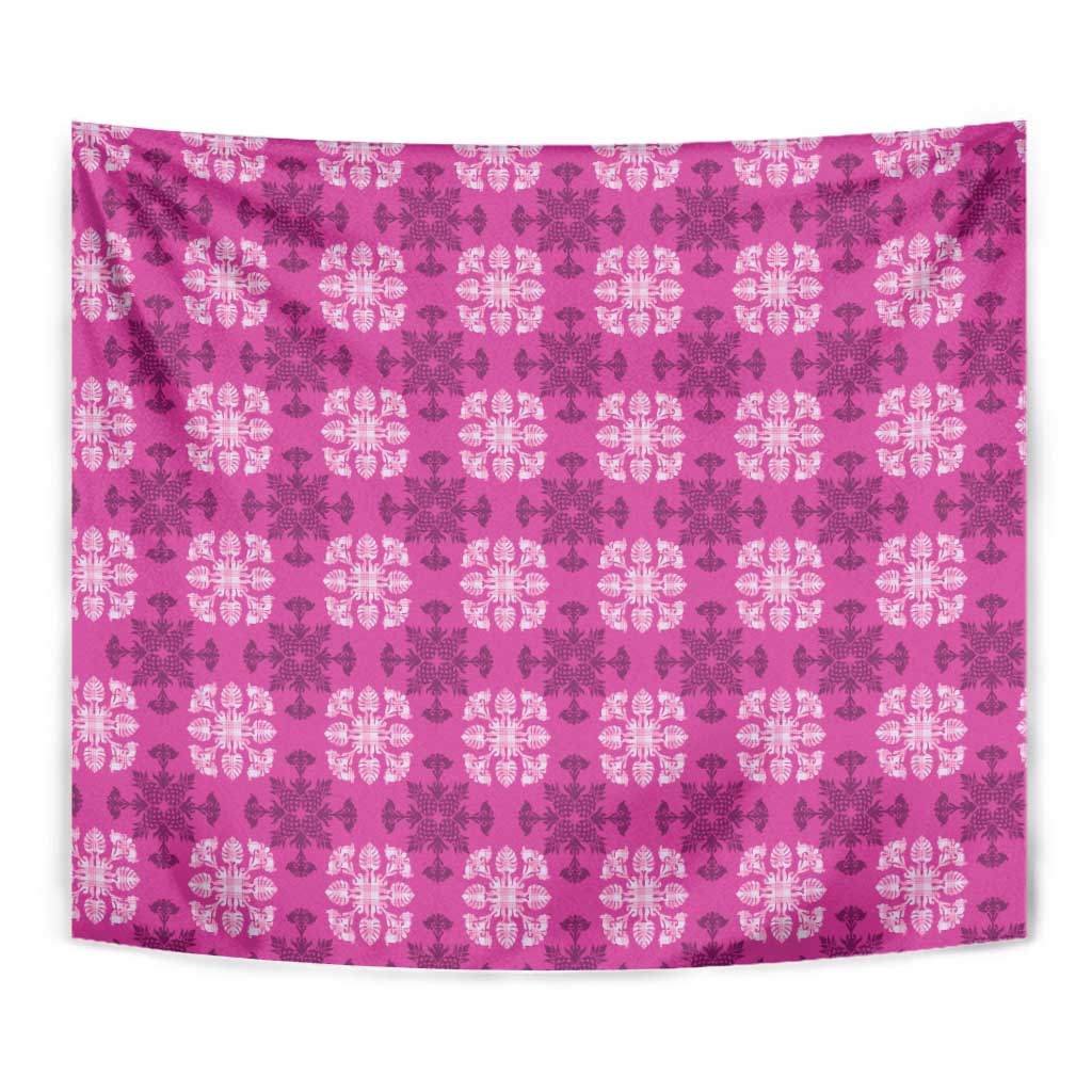 Pink Hawaiian Quilt Tapestry Hawaii Pineapple Monstera Palaka Motifs - Polynesian Pride