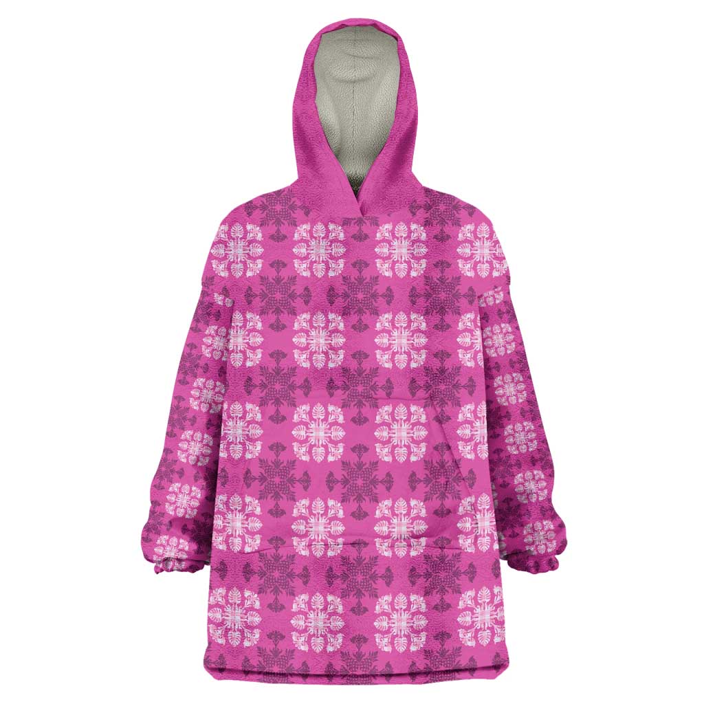 Pink Hawaiian Quilt Wearable Blanket Hoodie Hawaii Pineapple Monstera Palaka Motifs - Polynesian Pride