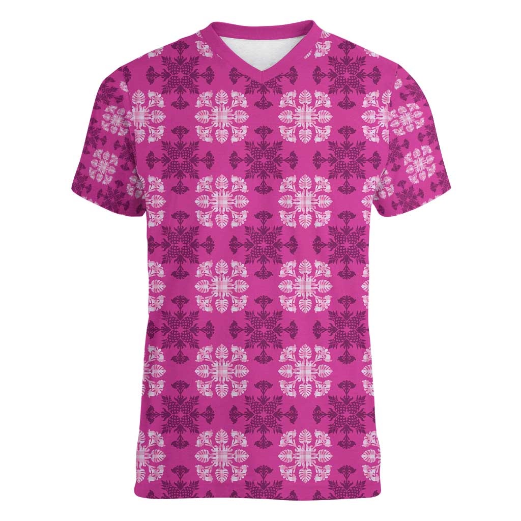 Pink Hawaiian Quilt Women V-Neck T-Shirt Hawaii Pineapple Monstera Palaka Motifs - Polynesian Pride