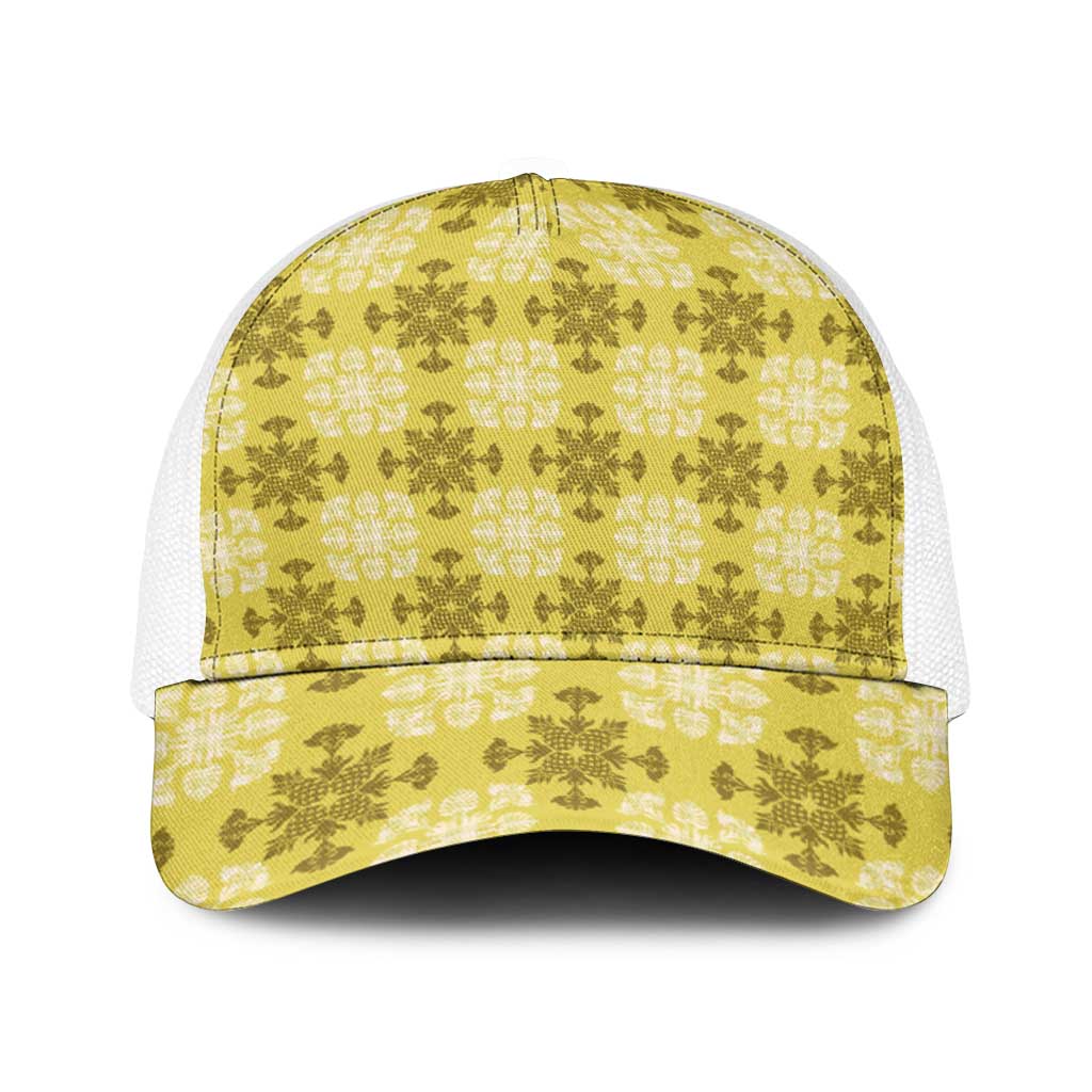 Yellow Hawaiian Quilt Baseball Net Cap Hawaii Pineapple Monstera Palaka Motifs - Polynesian Pride